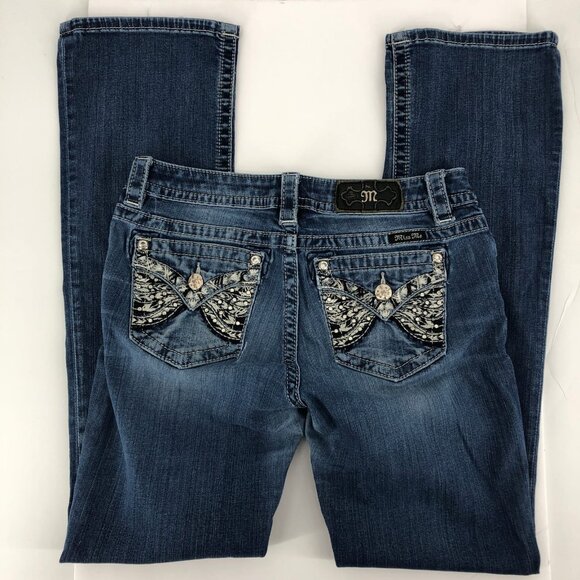 Miss Me Blue Bootcut Jeans with Bedazzled Pockets | Size 28 - Picture 4 of 7